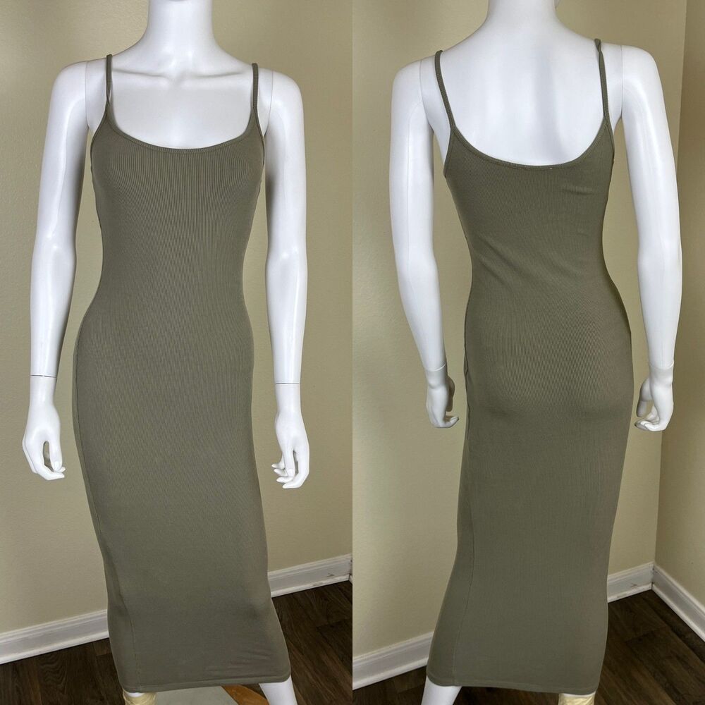 MESHKI Women Size XS Green Ribbed Cami Maxi Bodycon Dress Casual Minimal Travel - Picture 4 of 15